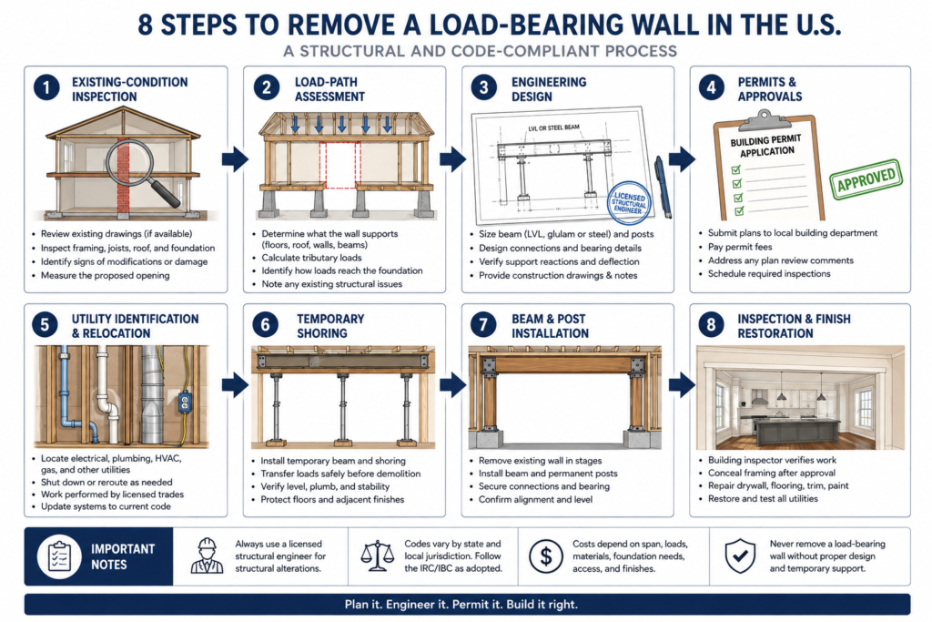 Step by step process for removing a load bearing wall in the United States
