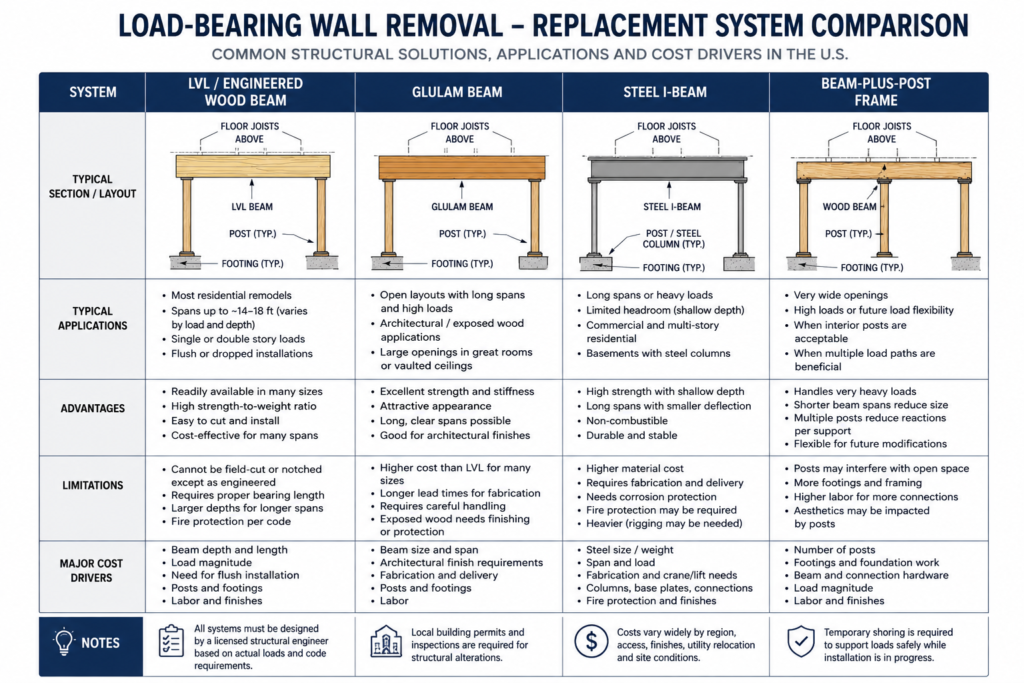Load bearing wall replacement beam options and cost factors