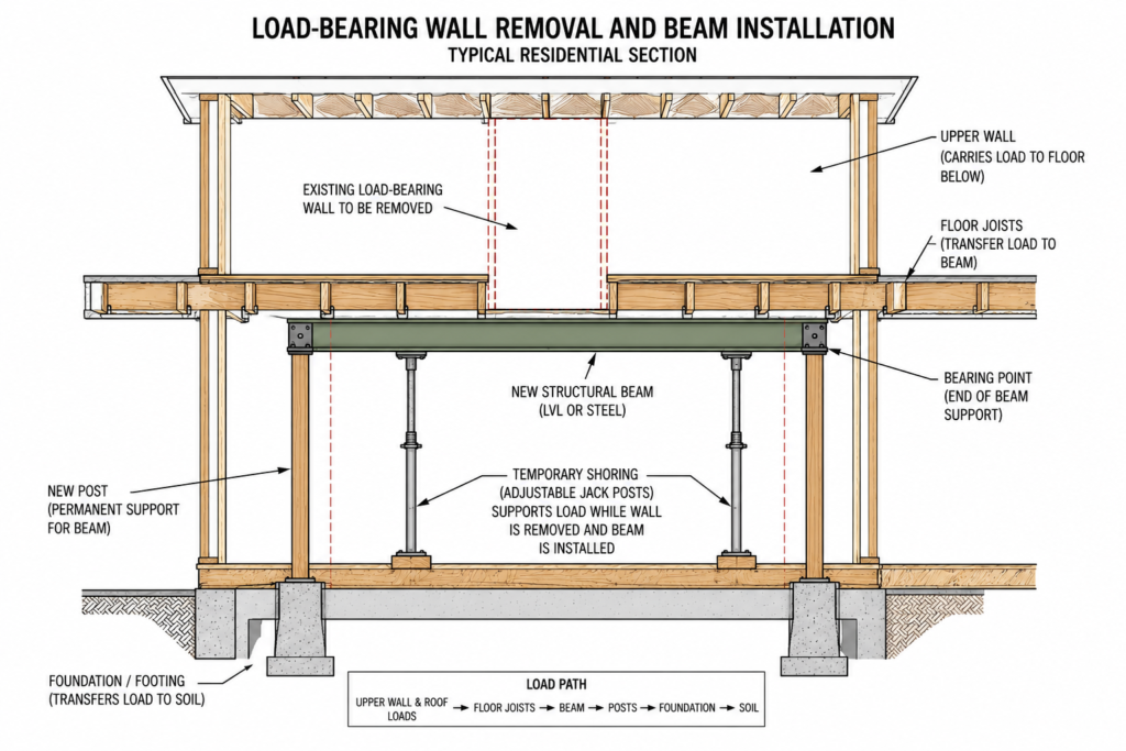 Load bearing wall removal with structural beam and temporary shoring
