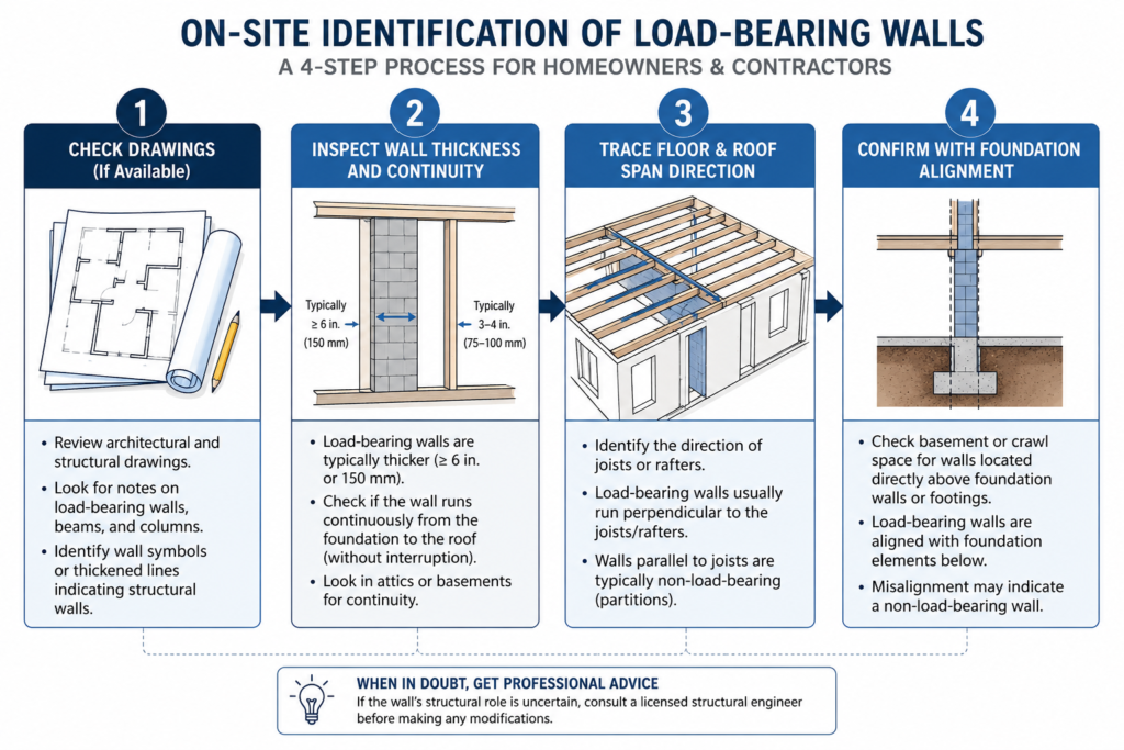 Flowchart showing the process to identify load-bearing walls on site