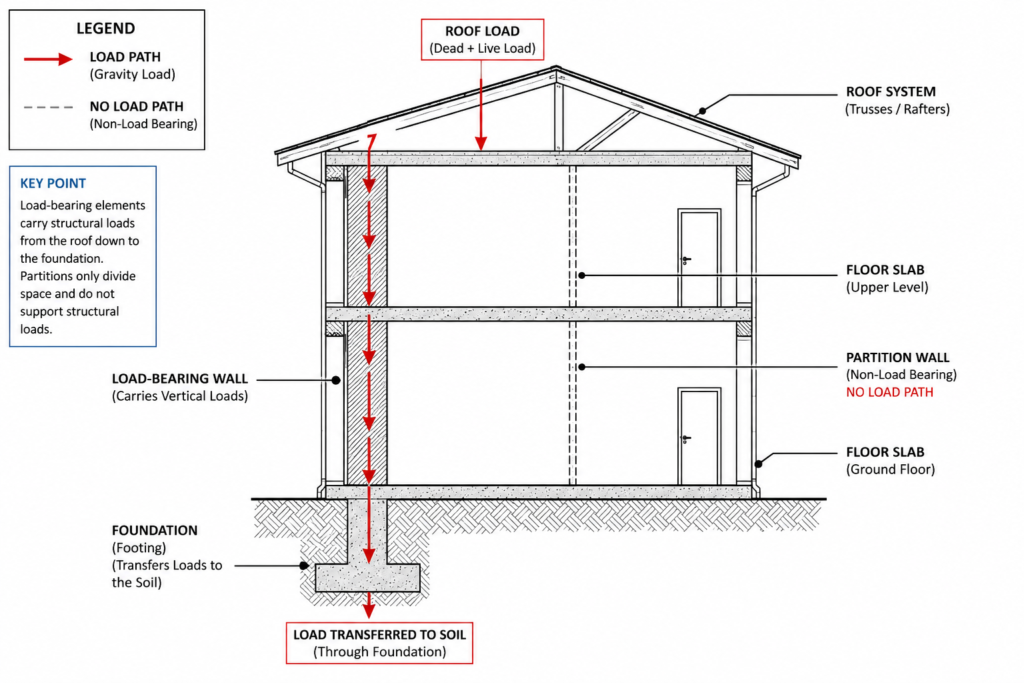 Diagram showing load path through load-bearing walls to foundation