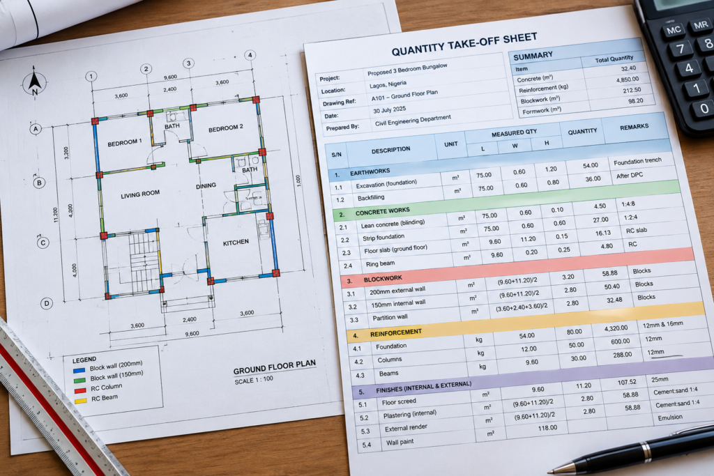 Quantity take-off sheet used to measure quantities from a building drawing in Nigeria
